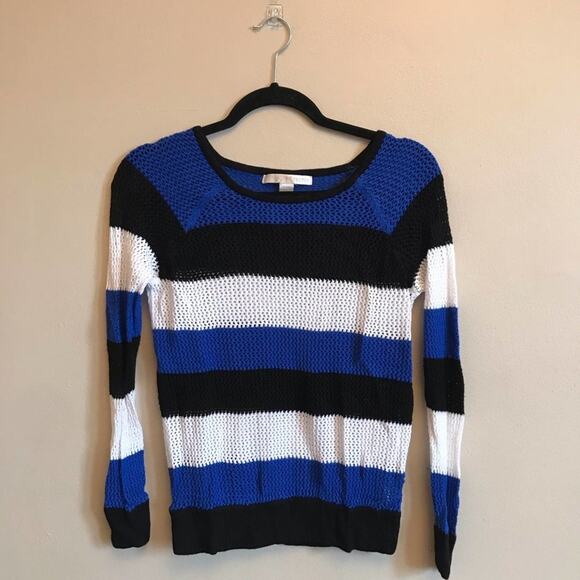 Boston Proper M long sleeve top rayon stripe sheer white black blue preppy - Picture 1 of 8